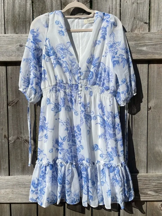Taylor Blue and White Floral V-Neck Dress - Picture 1 of 12